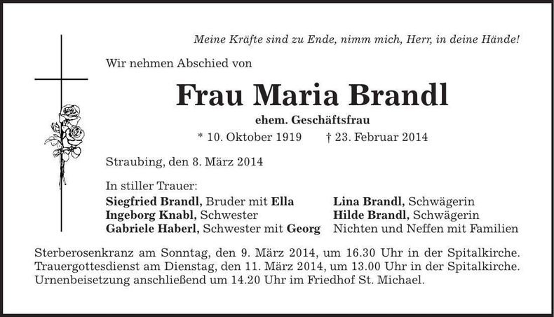 Traueranzeige Maria Brandl