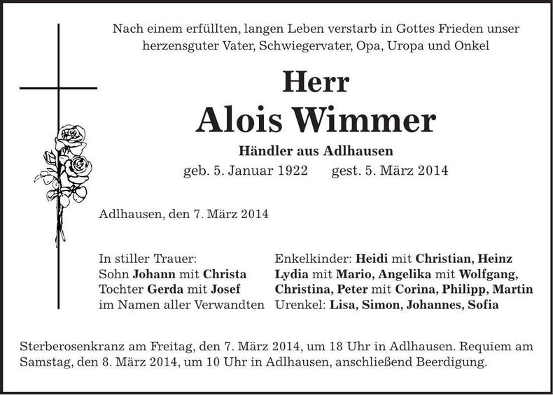 Traueranzeige Alois Wimmer