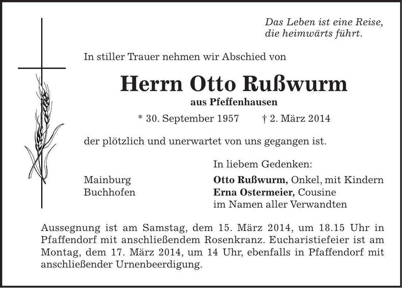 Traueranzeige Otto Rußwurm