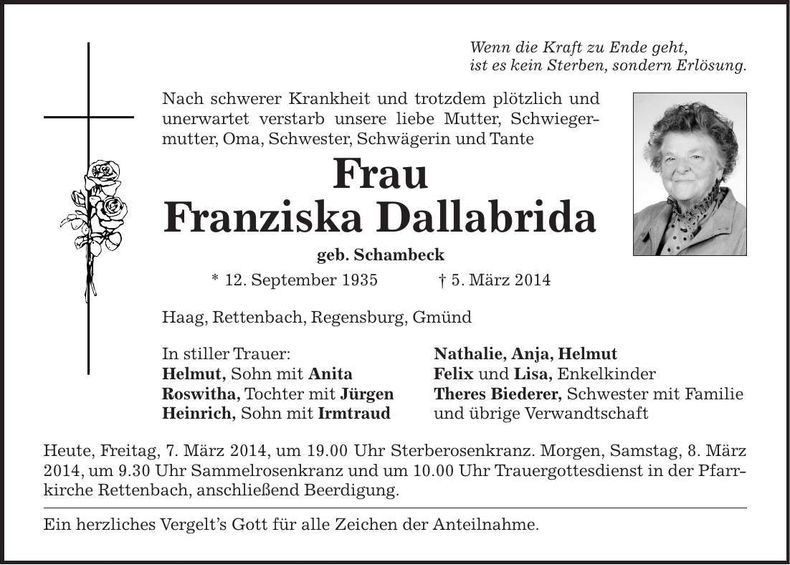 Traueranzeige Franziska Dallabrida