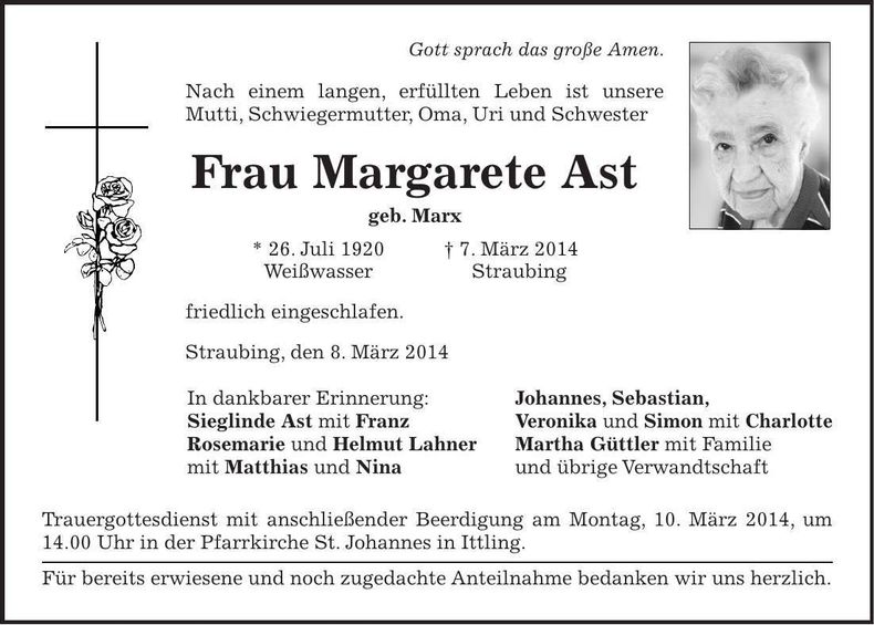 Traueranzeige Margarete Ast