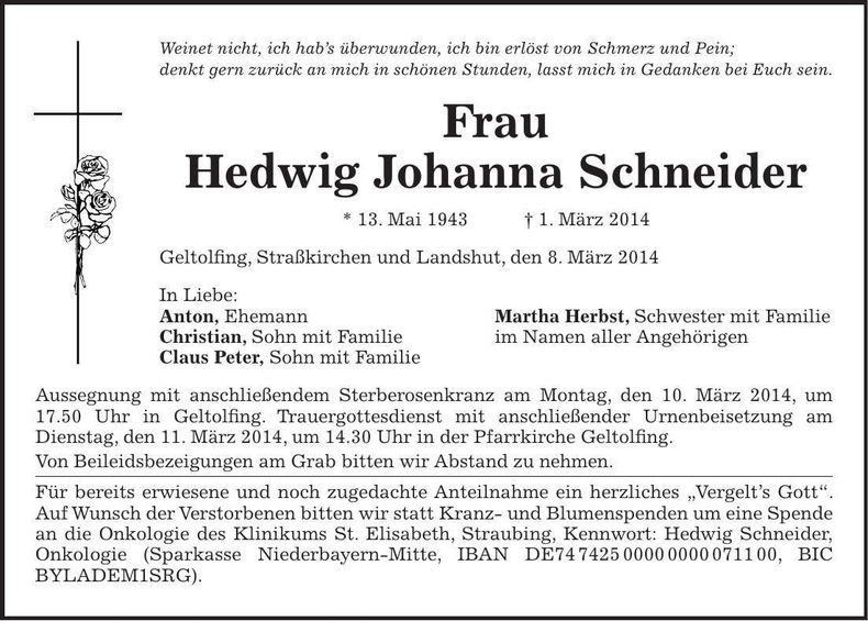 Traueranzeige Hedwig Johanna Schneider