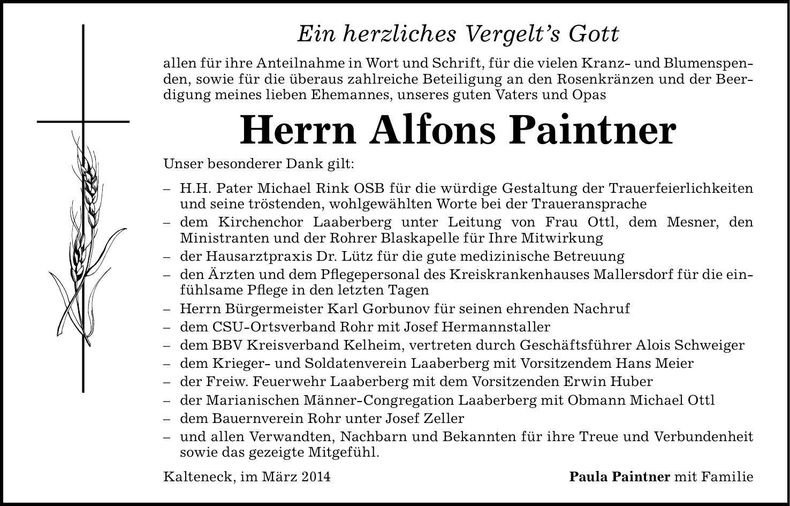 Traueranzeige Alfons Paintner