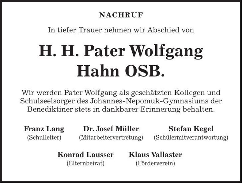 Traueranzeige Wolfgang Hahn
