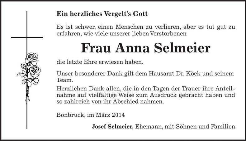 Traueranzeige Anna Selmeier