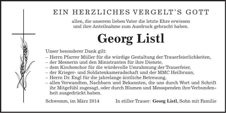 Traueranzeige Georg Listl