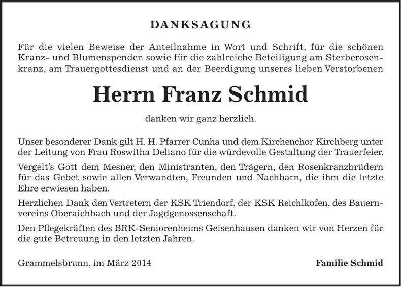 Traueranzeige Franz Schmid