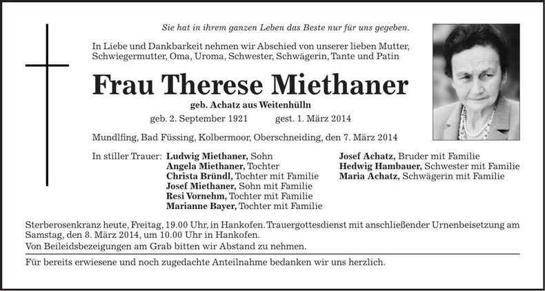 Traueranzeige Therese Miethaner