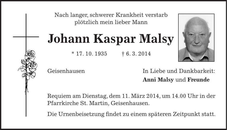 Traueranzeige Johann Kaspar Malsy