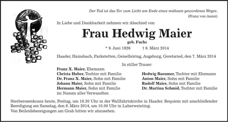 Traueranzeige Hedwig Maier