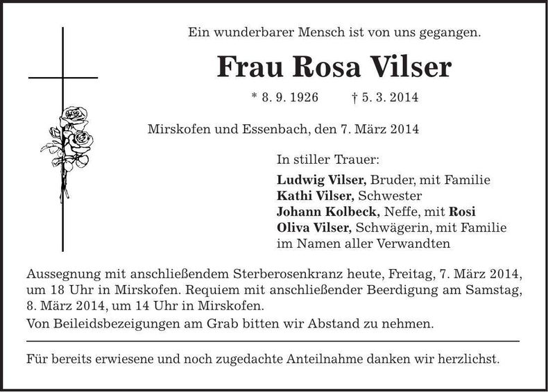 Traueranzeige Rosa Vilser
