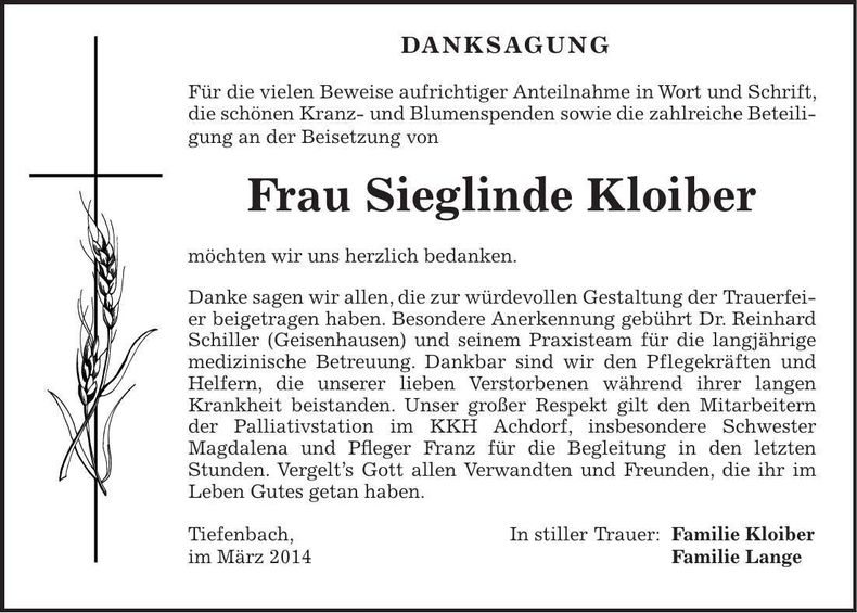 Traueranzeige Sieglinde Kloiber