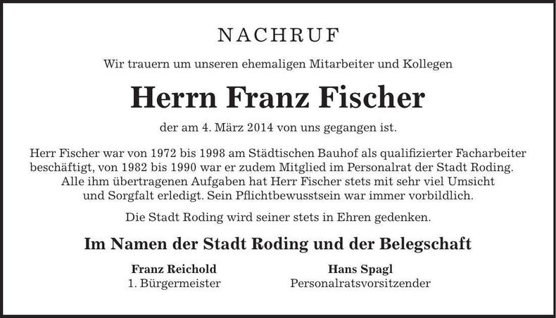 Traueranzeige Franz Fischer