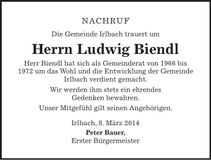 Traueranzeige Ludwig Biendl