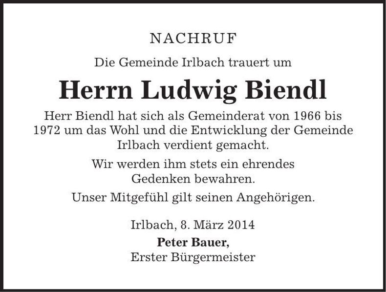 Traueranzeige Ludwig Biendl