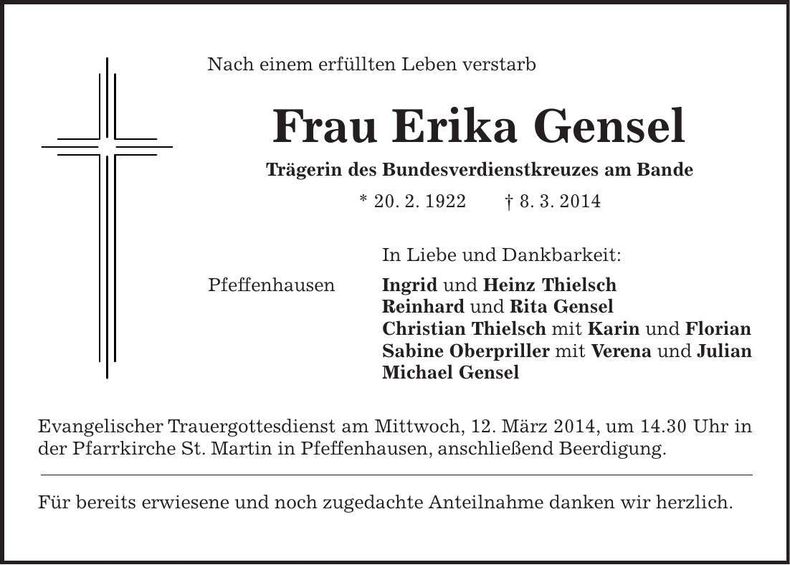 Traueranzeige Erika Gensel