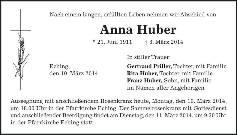Traueranzeige Anna Huber