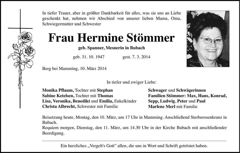 Traueranzeige Hermine Stömmer