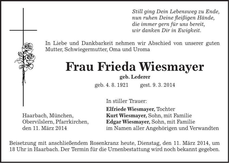 Traueranzeige Frieda Wiesmayer