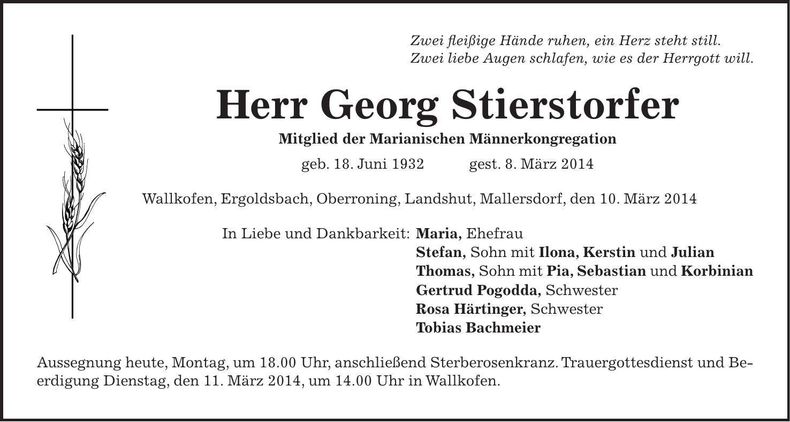 Traueranzeige Georg Stierstorfer