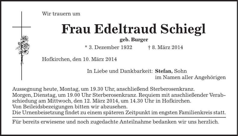 Traueranzeige Edeltraud Schiegl