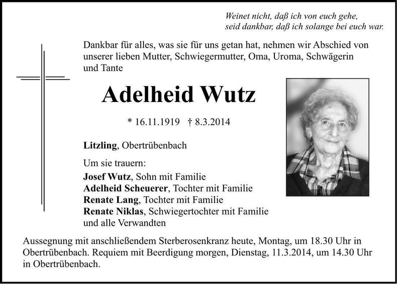Traueranzeige Adelheid Wutz