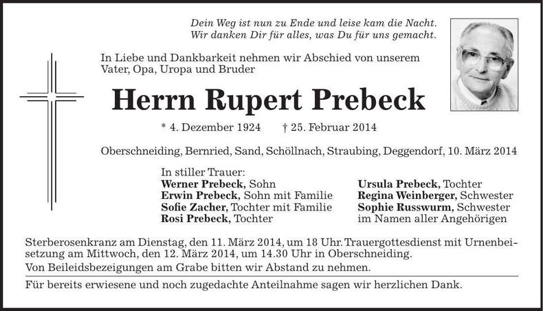 Traueranzeige Rupert Prebeck