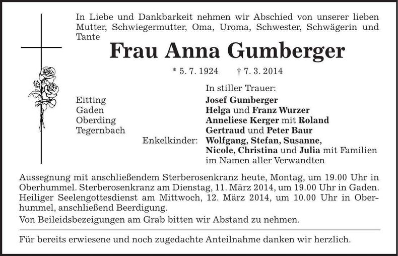Traueranzeige Anna Gumberger