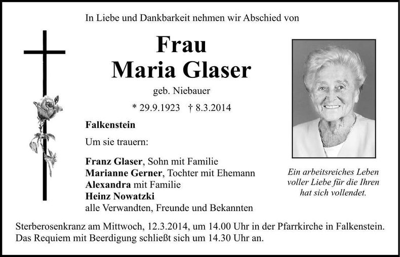 Traueranzeige Maria Glaser