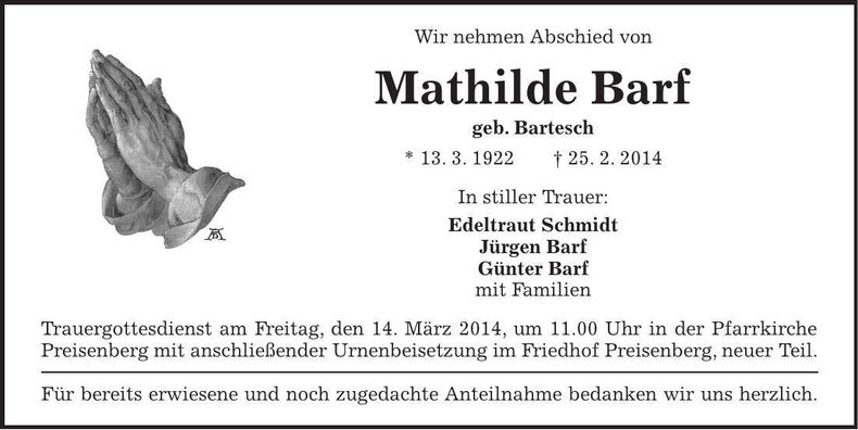 Traueranzeige Mathilde Barf