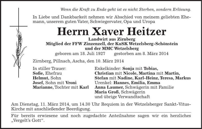 Traueranzeige Xaver Heitzer