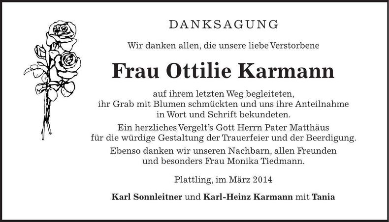 Traueranzeige Ottilie Karmann