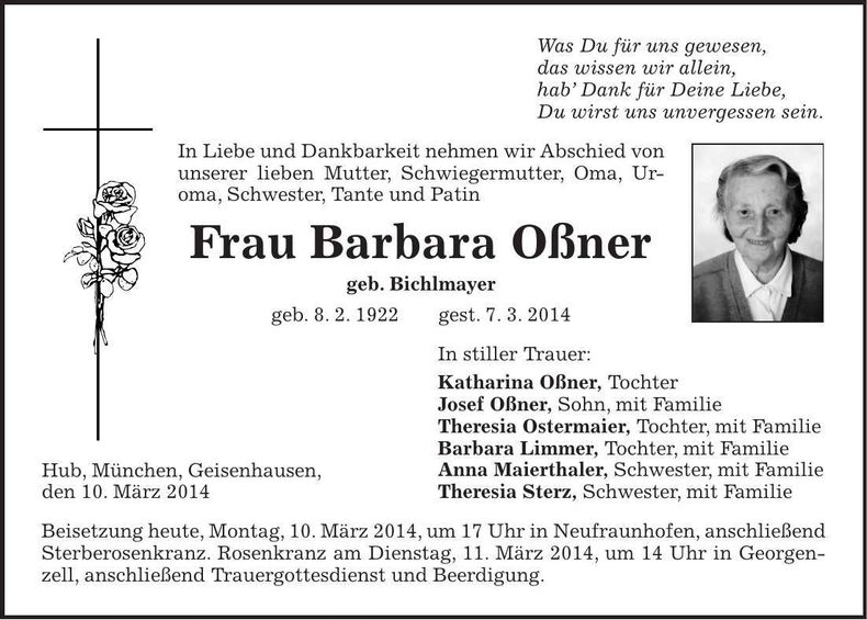 Traueranzeige Barbara Oßner
