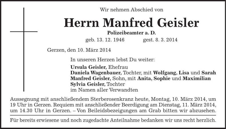 Traueranzeige Manfred Geisler