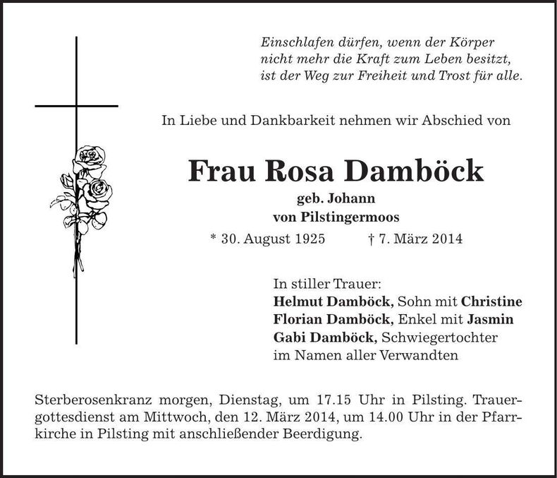 Traueranzeige Rosa Damböck