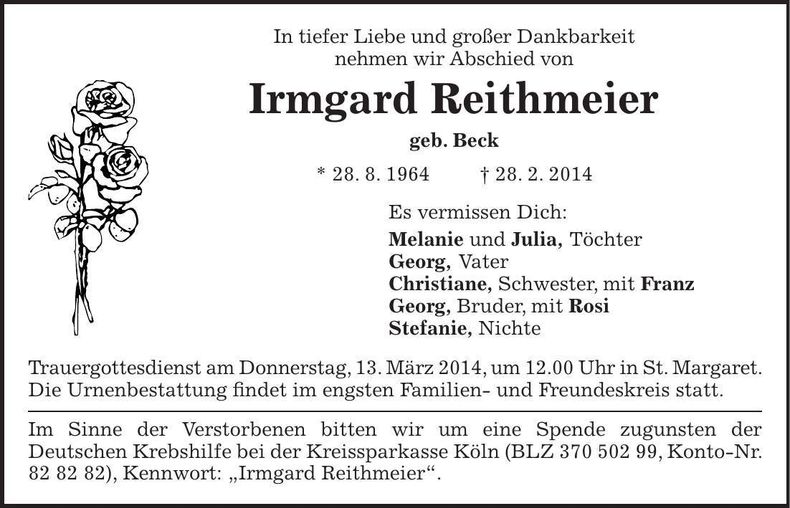 Traueranzeige Irmgard Reithmeier