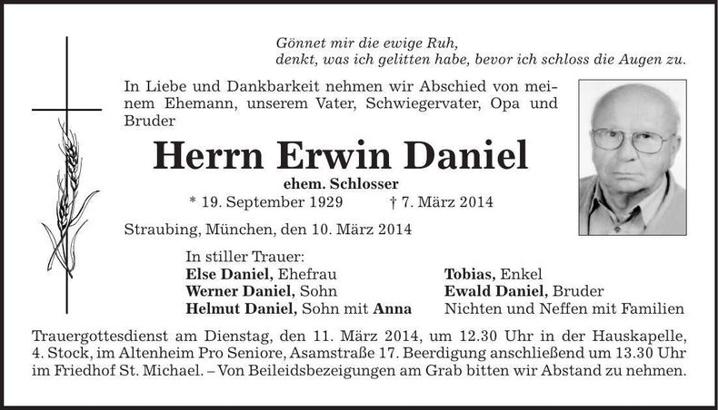 Traueranzeige Erwin Daniel