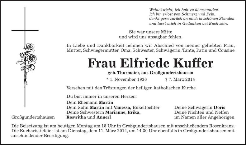 Traueranzeige Elfriede Kuffer