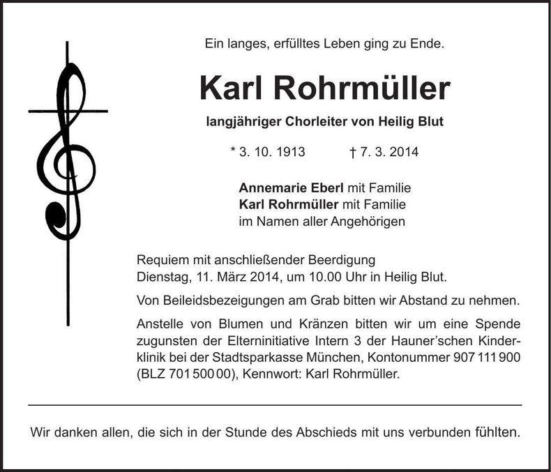 Traueranzeige Karl Rohrmüller