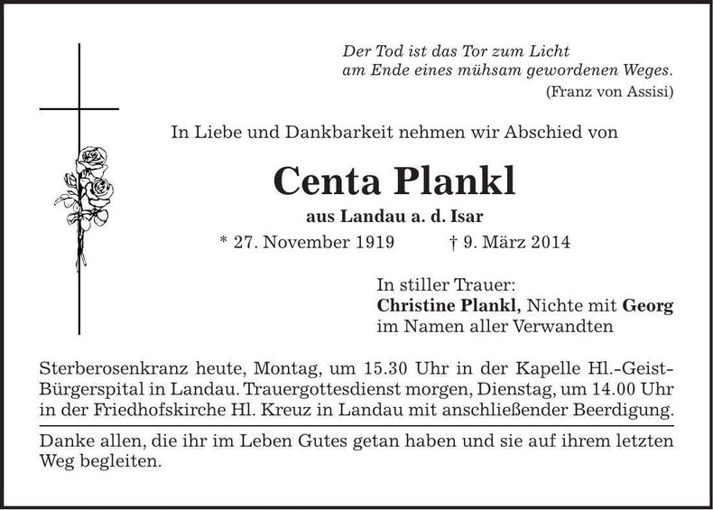 Traueranzeige Centa Plankl
