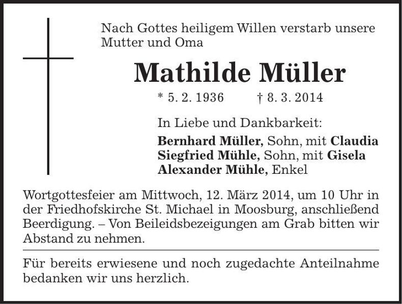 Traueranzeige Mathilde Müller