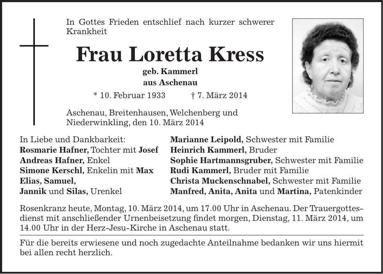 Traueranzeige Loretta Kress