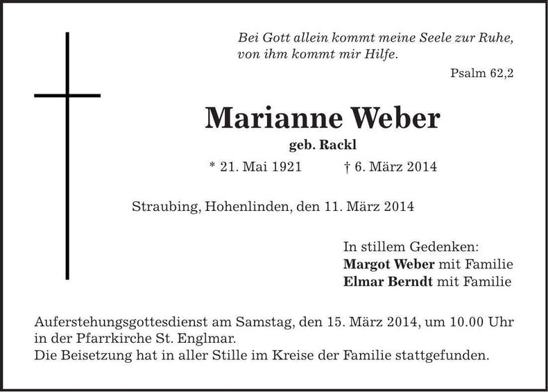 Traueranzeige Marianne Weber