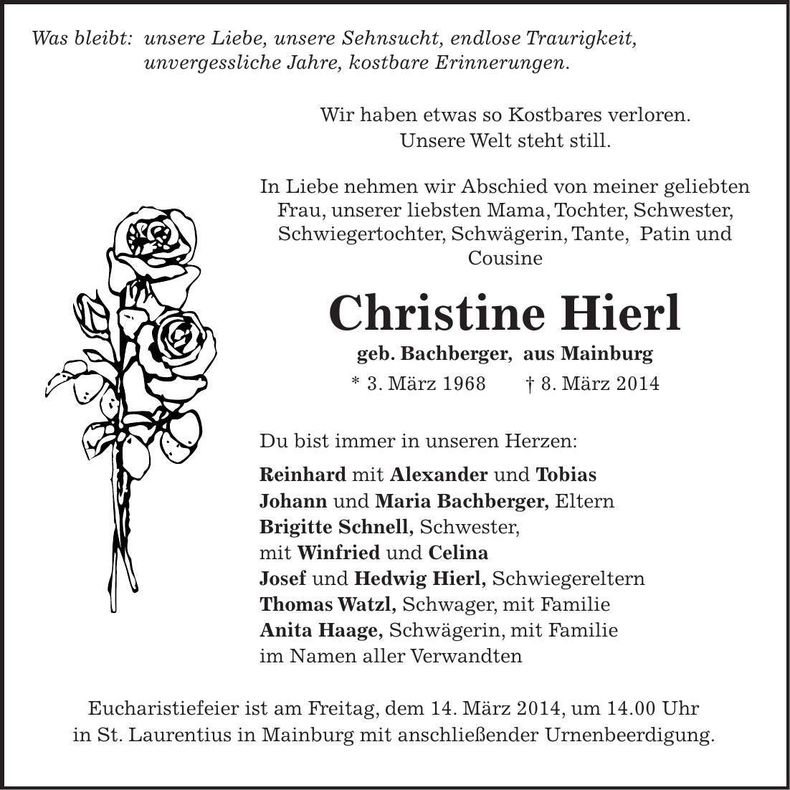 Traueranzeige Christine Hierl