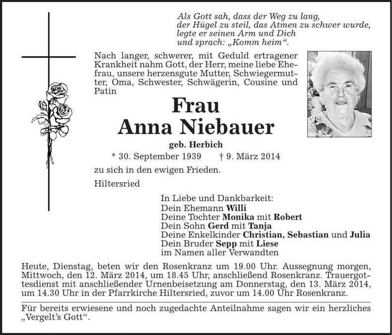 Traueranzeige Anna Niebauer
