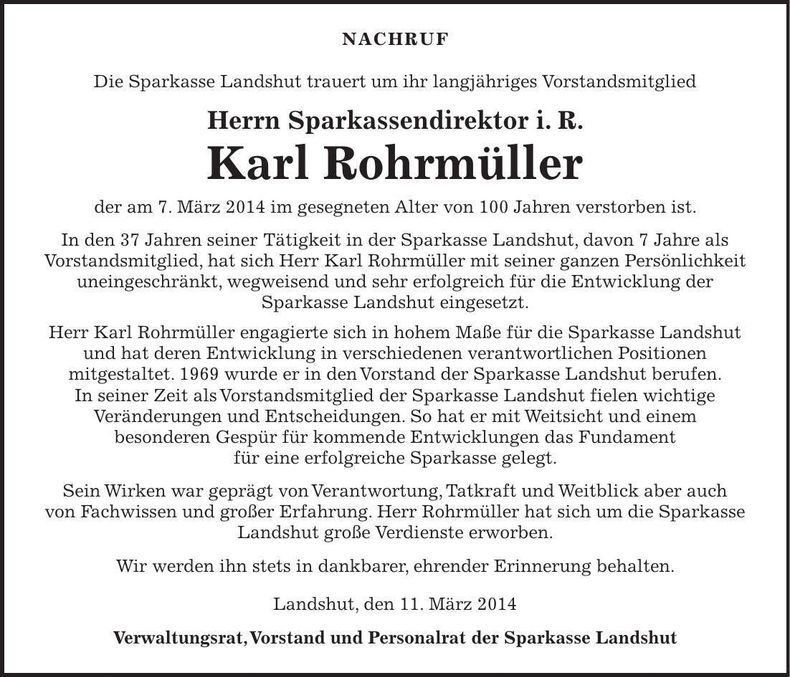 Traueranzeige Karl Rohrmüller
