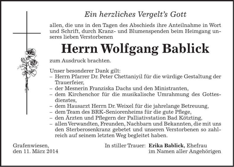Traueranzeige Wolfgang Bablick