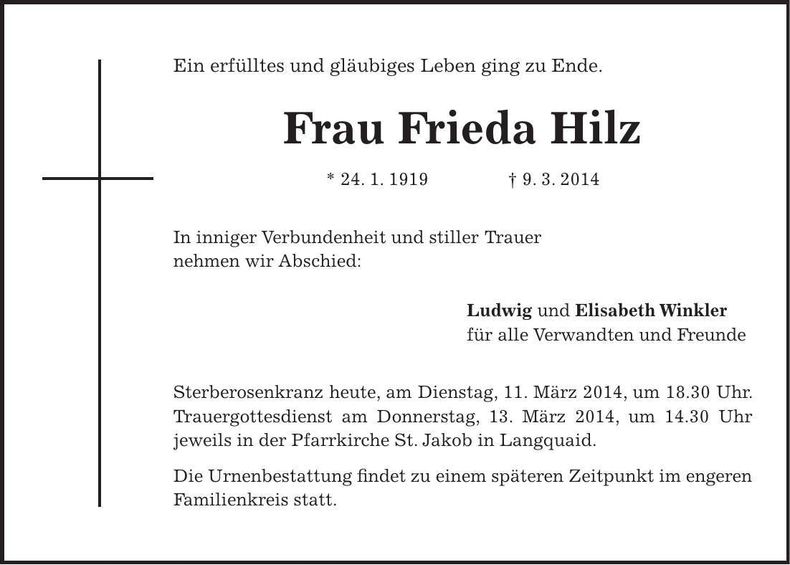 Traueranzeige Frieda Hilz