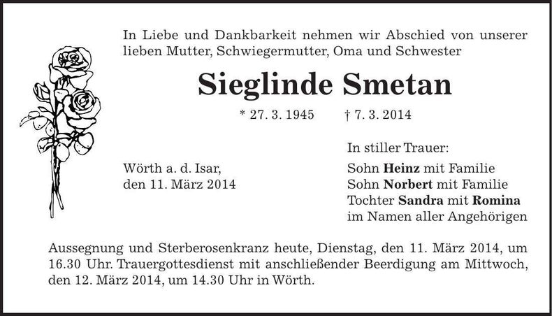 Traueranzeige Sieglinde Smetan