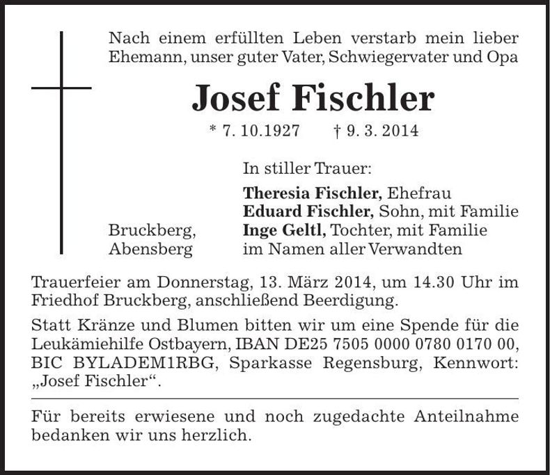 Traueranzeige Josef Fischler